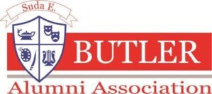 Butler Alumni Association Logo. White Butler with Red background. Butler Crest on left of image